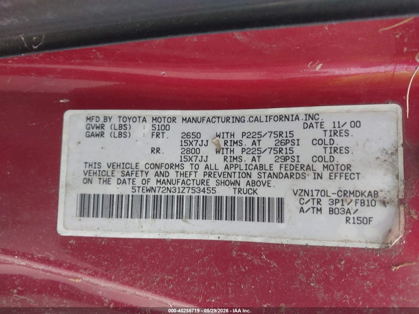 2001 Toyota Tacoma VIN 5TEWN72N31Z753455 IAAI salvage auction — NORMAL WEAR, Original (Maine), sold $750 on 2026-07-06 (photo 9)