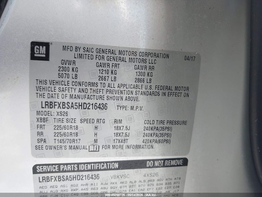 2017 Buick Envision VIN LRBFXBSA5HD216436 IAAI salvage auction — FRONT END, Salvage Title, sold $750 on 2026-07-09 (photo 9)