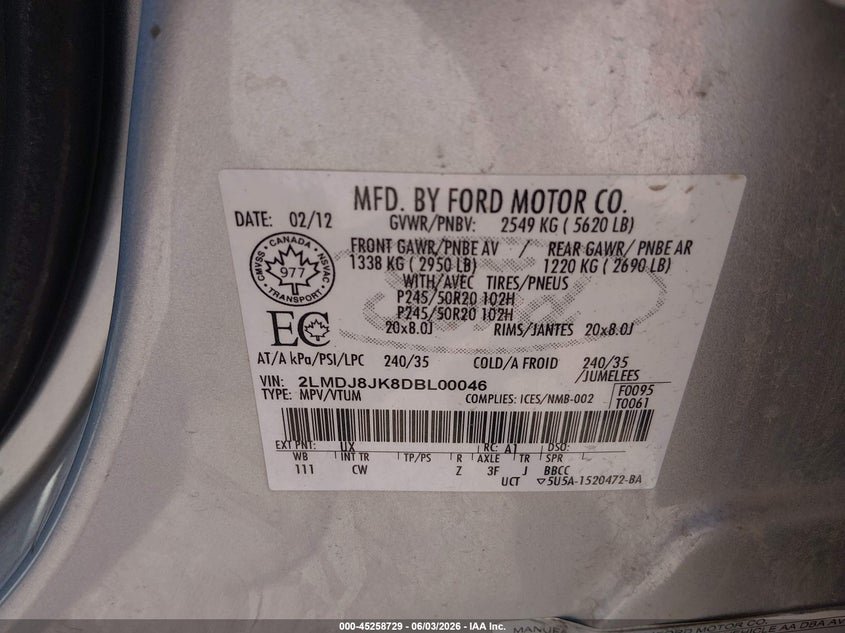 2013 Lincoln Mkx VIN 2LMDJ8JK8DBL00046 IAAI salvage auction — REAR END, Salvage Title, sold $25 on 2026-07-23 (photo 9)