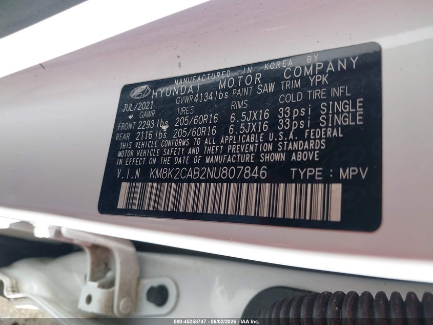 2022 Hyundai Kona VIN KM8K2CAB2NU807846 IAAI salvage auction — REAR END, Salvage (Massachusetts), sold $2,625 on 2026-07-31 (photo 9)