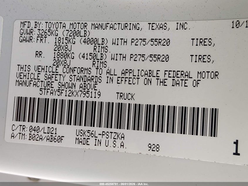 2019 Toyota Tundra VIN 5TFAY5F12KX795119 IAAI salvage auction — REAR END, Salvage Title, sold $16,700 on 2026-07-07 (photo 9)