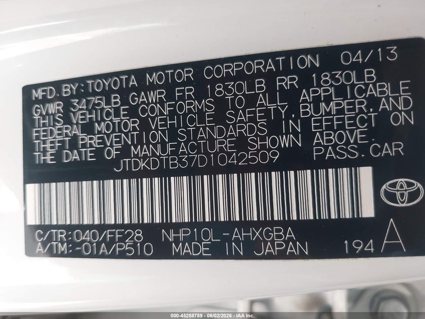 2013 Toyota Prius c VIN JTDKDTB37D1042509 IAAI salvage auction — RIGHT SIDE, Salvage Title, sold $1,900 on 2026-07-07 (photo 9)