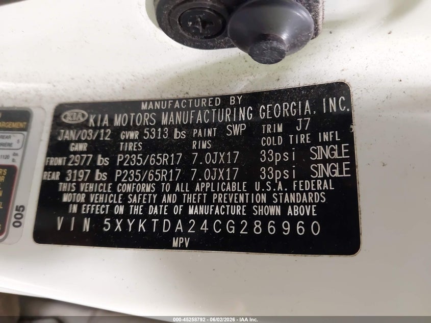 2012 Kia Sorento VIN 5XYKTDA24CG286960 IAAI salvage auction — NORMAL WEAR, Salvage Title, sold $825 on 2026-07-08 (photo 9)
