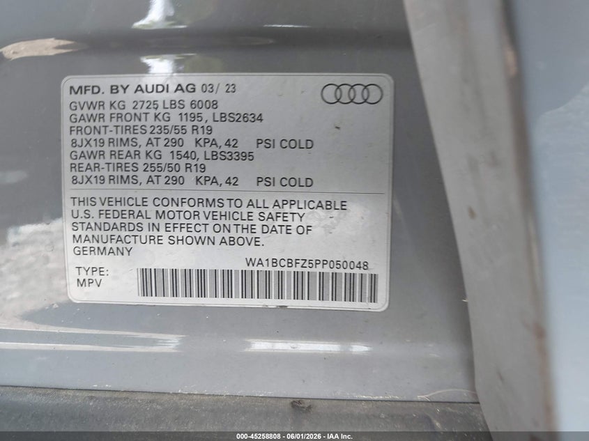 2023 Audi Q4 e-tron VIN WA1BCBFZ5PP050048 IAAI salvage auction — FRONT END, Salvage (Pennsylvania), sold $10,800 on 2026-08-05 (photo 9)