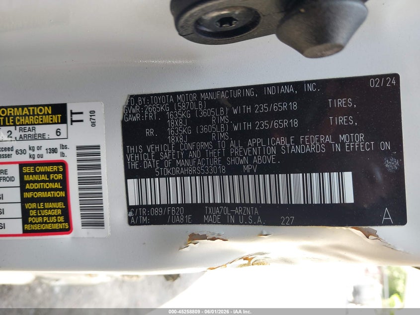 2024 Toyota Highlander VIN 5TDKDRAH8RS533018 IAAI salvage auction — BIO HAZARD, Salvage (Georgia), sold $1,650 on 2026-07-29 (photo 9)