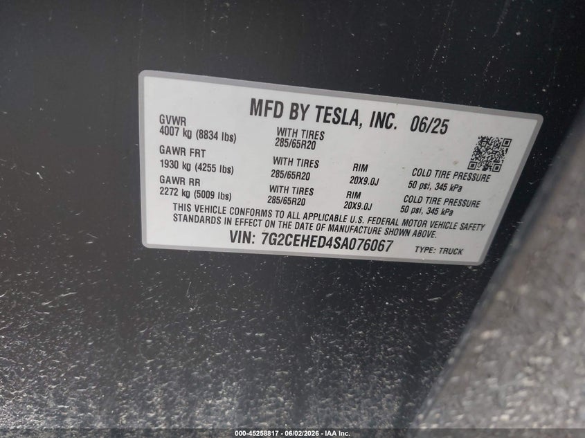 2025 Tesla Cybertruck VIN 7G2CEHED4SA076067 IAAI salvage auction — ALL OVER, Salvage Title, sold $3,550 on 2026-07-21 (photo 9)