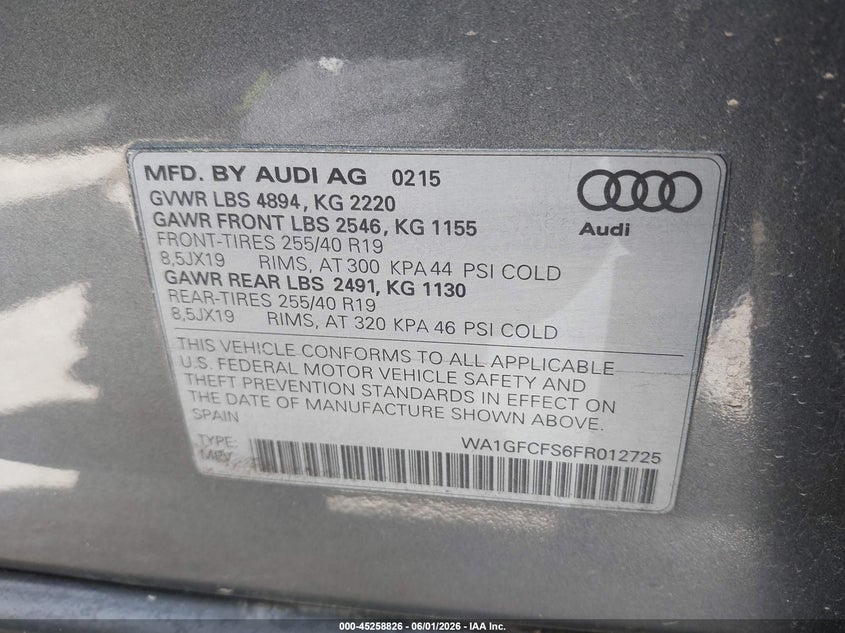 2015 Audi Q3 VIN WA1GFCFS6FR012725 IAAI salvage auction — LEFT SIDE, Salvage Title, sold $1,700 on 2026-07-22 (photo 9)