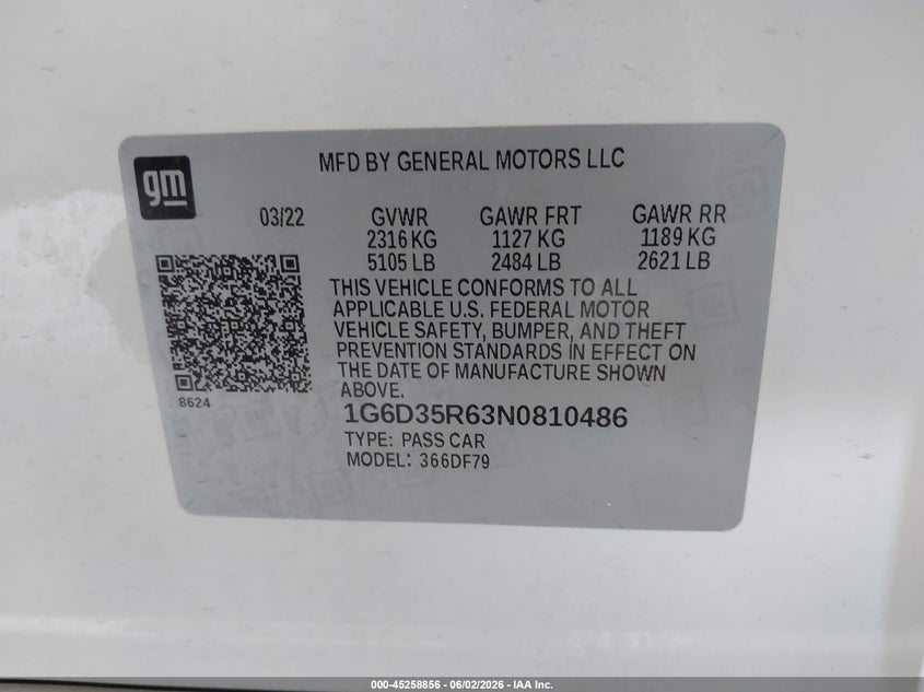 2022 Cadillac Ct5-v VIN 1G6D35R63N0810486 IAAI salvage auction — REAR END, Salvage (Michigan), sold $27,175 on 2026-08-10 (photo 9)