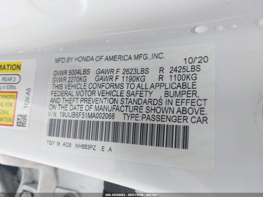 2021 Acura Tlx VIN 19UUB6F51MA002066 IAAI salvage auction — LEFT SIDE, Salvage Title, sold $10,400 on 2026-07-31 (photo 9)