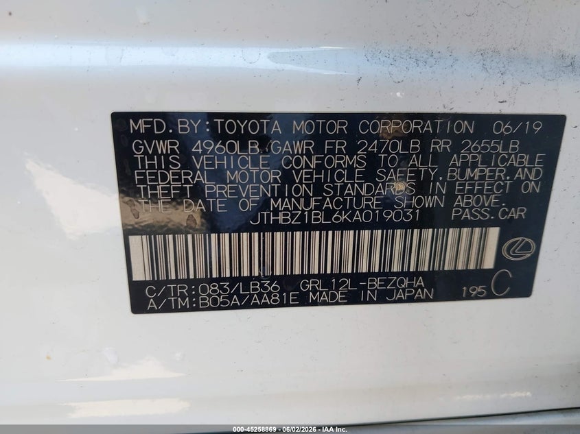 2019 Lexus Gs VIN JTHBZ1BL6KA019031 IAAI salvage auction — SIDE, Salvage Title, sold $13,000 on 2026-08-17 (photo 9)