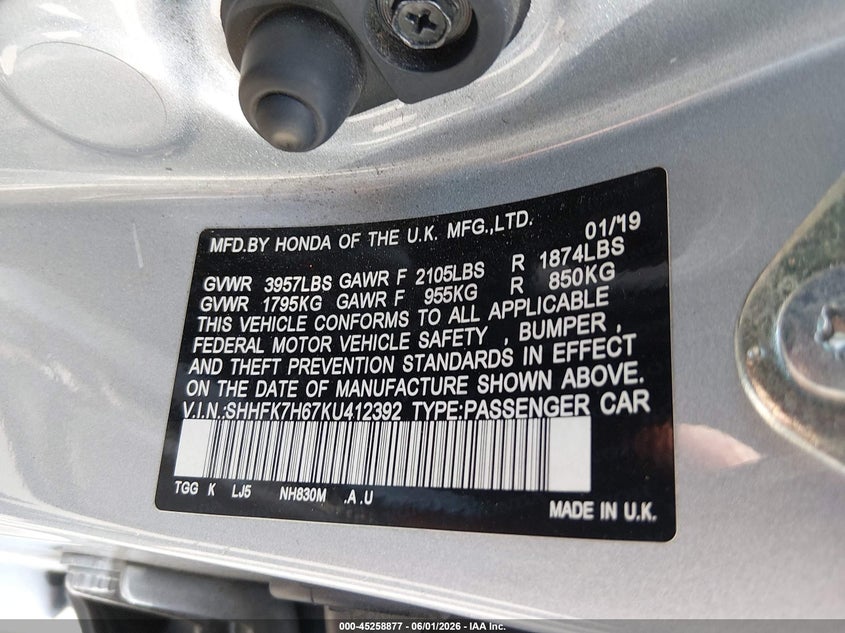 2019 Honda Civic VIN SHHFK7H67KU412392 IAAI salvage auction — REAR END, Salvage Title, sold $5,500 on 2026-07-16 (photo 9)