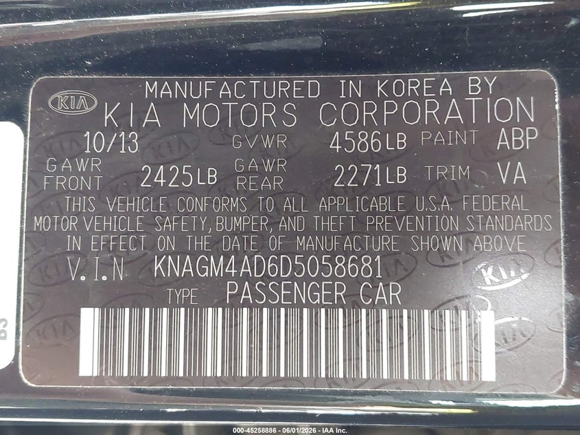 2013 Kia Optima VIN KNAGM4AD6D5058681 IAAI salvage auction — NORMAL WEAR, Original (Ohio), sold $300 on 2026-07-08 (photo 9)