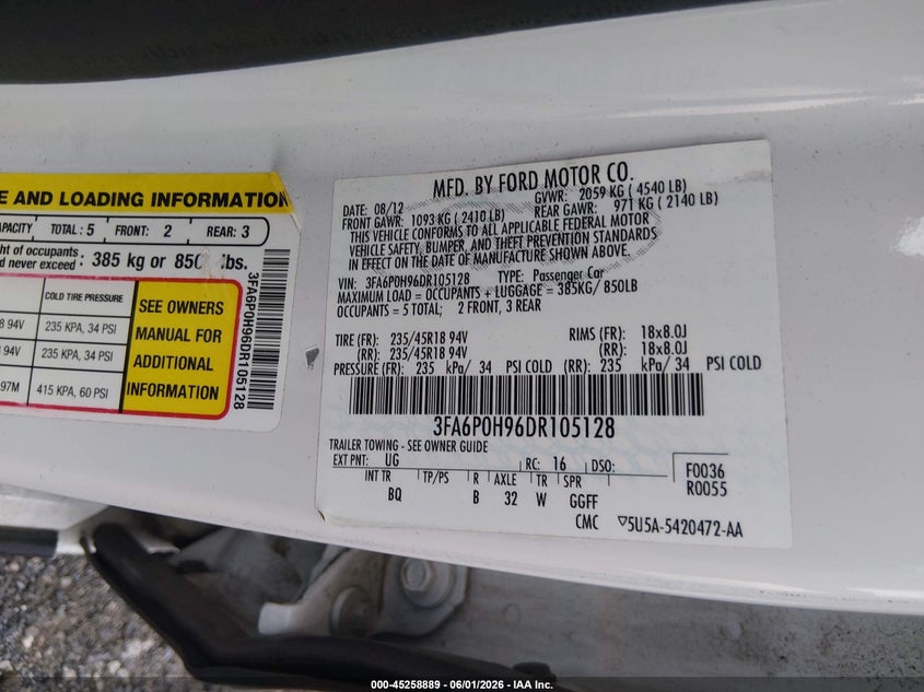 2013 Ford Fusion VIN 3FA6P0H96DR105128 IAAI salvage auction — LEFT SIDE, Salvage Title, sold $1,150 on 2026-07-12 (photo 9)
