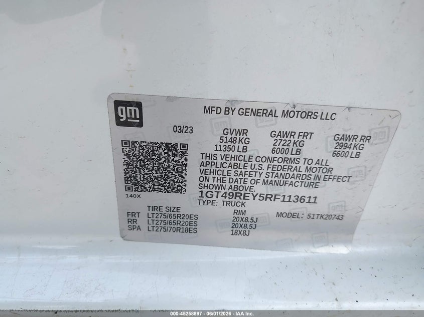 2024 Gmc VIN 1GT49REY5RF113611 IAAI salvage auction — FRONT END, Original (Texas), sold $26,700 on 2026-09-24 (photo 8)
