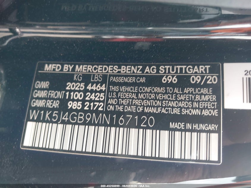 2021 Mercedes-benz Cla-klasse VIN W1K5J4GB9MN167120 IAAI salvage auction — FRONT END, Salvage Title, sold $4,600 on 2026-07-15 (photo 9)