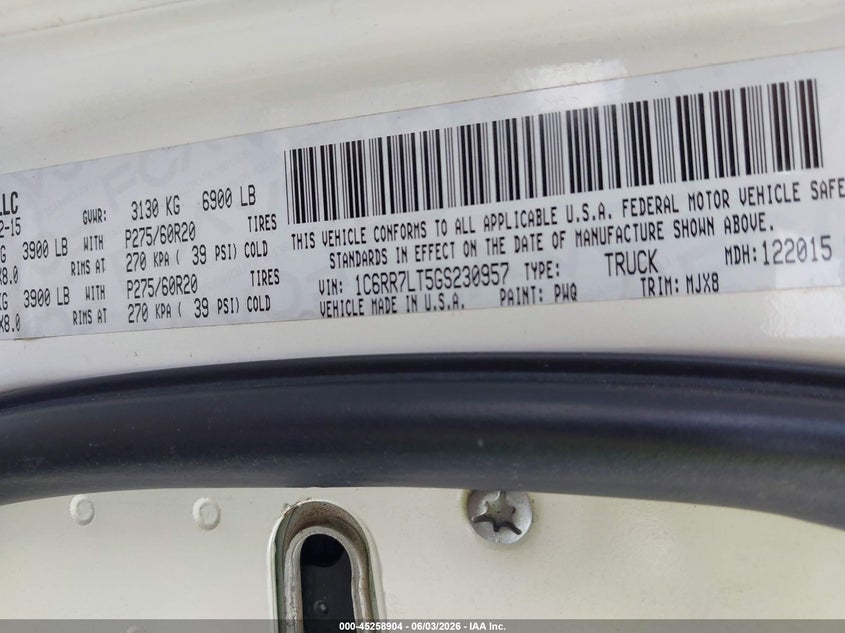2016 Ram 1500 VIN 1C6RR7LT5GS230957 IAAI salvage auction — WATER/FLOOD, Salvage (Texas), sold $2,275 on 2026-08-12 (photo 9)