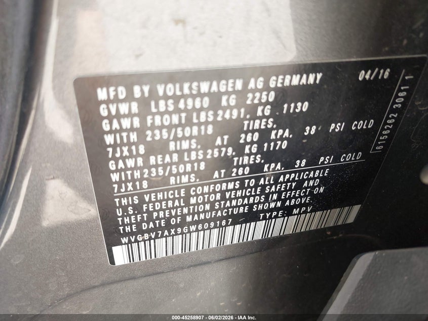2016 Volkswagen Tiguan VIN WVGBV7AX9GW609167 IAAI salvage auction — HAIL, Salvage Title, sold $2,600 on 2026-07-13 (photo 9)
