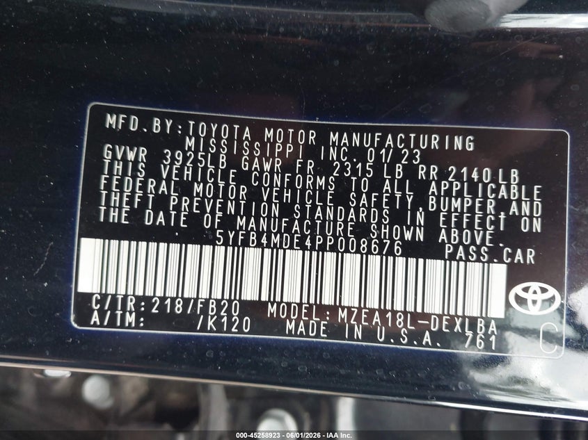 2023 Toyota Corolla VIN 5YFB4MDE4PP008676 IAAI salvage auction — FRONT END, Salvage Title, sold $3,300 on 2026-07-29 (photo 9)