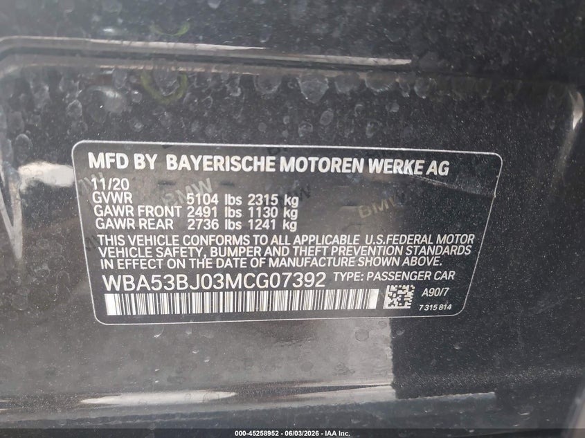 2021 BMW 5er VIN WBA53BJ03MCG07392 IAAI salvage auction — HAIL, Salvage Title, sold $21,000 on 2026-07-14 (photo 9)