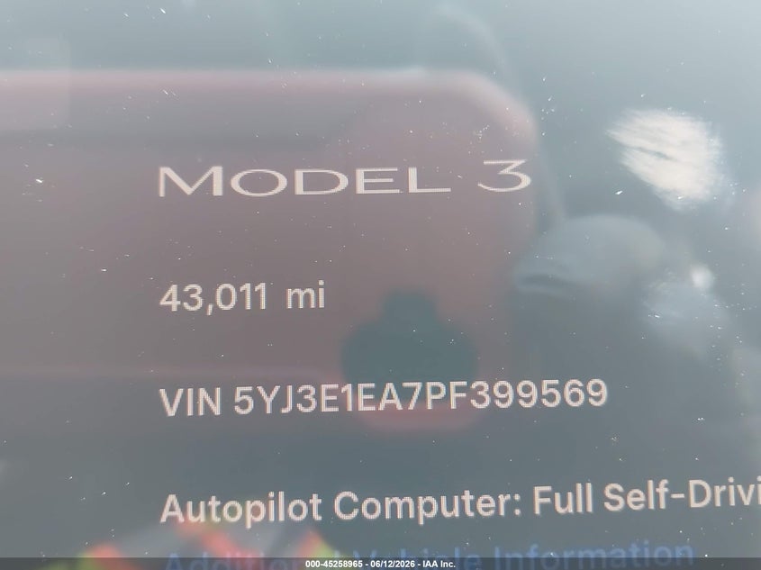 2023 Tesla Model 3 VIN 5YJ3E1EA7PF399569 IAAI salvage auction — FRONT END, Salvage Title, sold $4,400 on 2026-07-17 (photo 7)