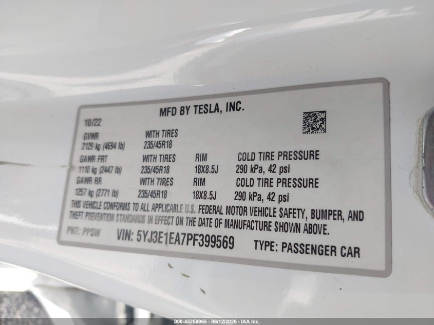 2023 Tesla Model 3 VIN 5YJ3E1EA7PF399569 IAAI salvage auction — FRONT END, Salvage Title, sold $4,400 on 2026-07-17 (photo 9)