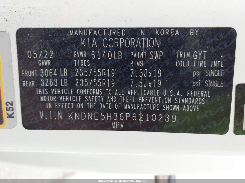 2023 Kia Carnival VIN KNDNE5H36P6210239 IAAI salvage auction — HAIL, Salvage Title, sold $11,900 on 2026-07-28 (photo 9)