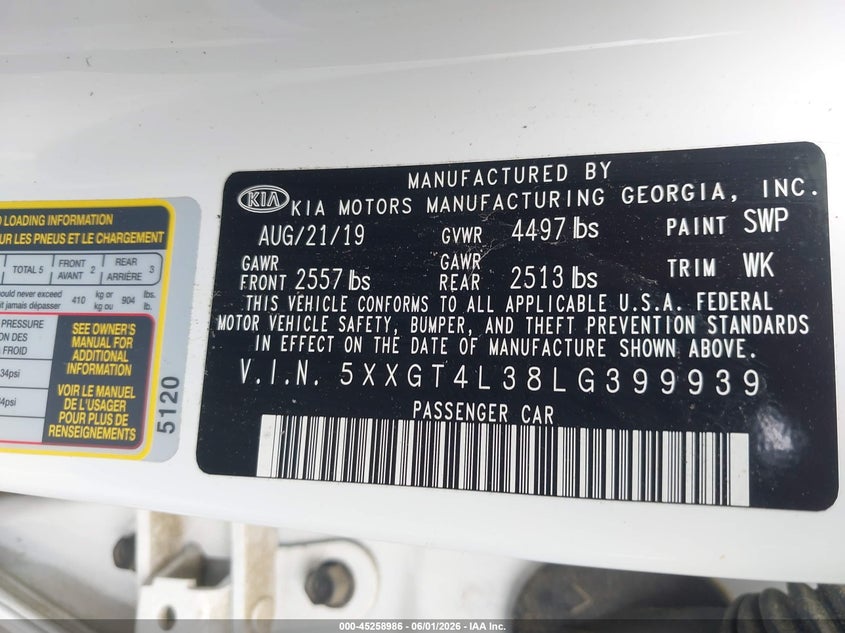 2020 Kia Optima VIN 5XXGT4L38LG399939 IAAI salvage auction — REAR END, Salvage Title, sold $1,450 on 2026-07-08 (photo 9)