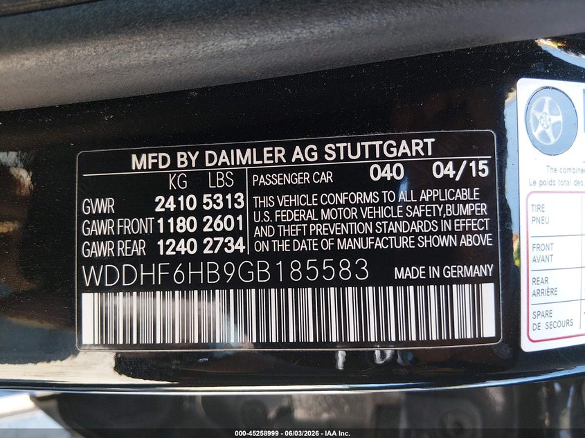2016 Mercedes-benz E-klasse VIN WDDHF6HB9GB185583 IAAI salvage auction — ALL OVER, Salvage (Idaho), sold $4,050 on 2026-07-30 (photo 9)