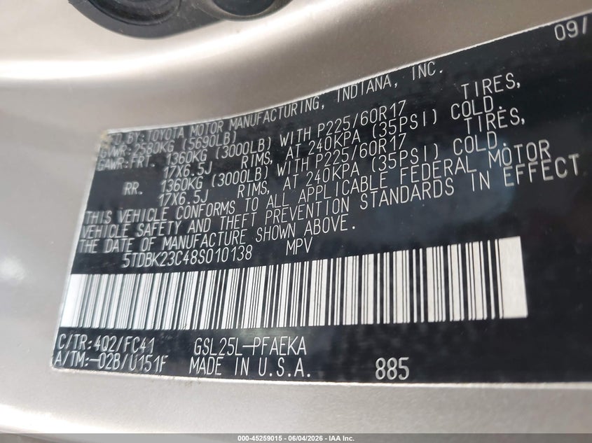 2008 Toyota Sienna VIN 5TDBK23C48S010138 IAAI salvage auction — REPOSSESSION, Clear (Virginia), sold $500 on 2026-07-27 (photo 9)