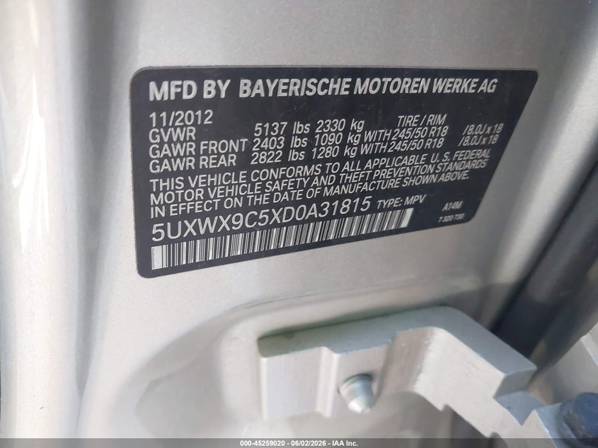 2013 BMW X3 VIN 5UXWX9C5XD0A31815 IAAI salvage auction — NORMAL WEAR, Clear (Indiana), sold $799 on 2026-07-08 (photo 9)
