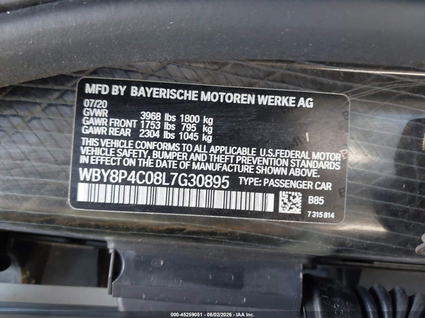 2020 BMW I3 VIN WBY8P4C08L7G30895 IAAI salvage auction — FRONT END, Salvage Title, sold $6,400 on 2026-07-09 (photo 9)