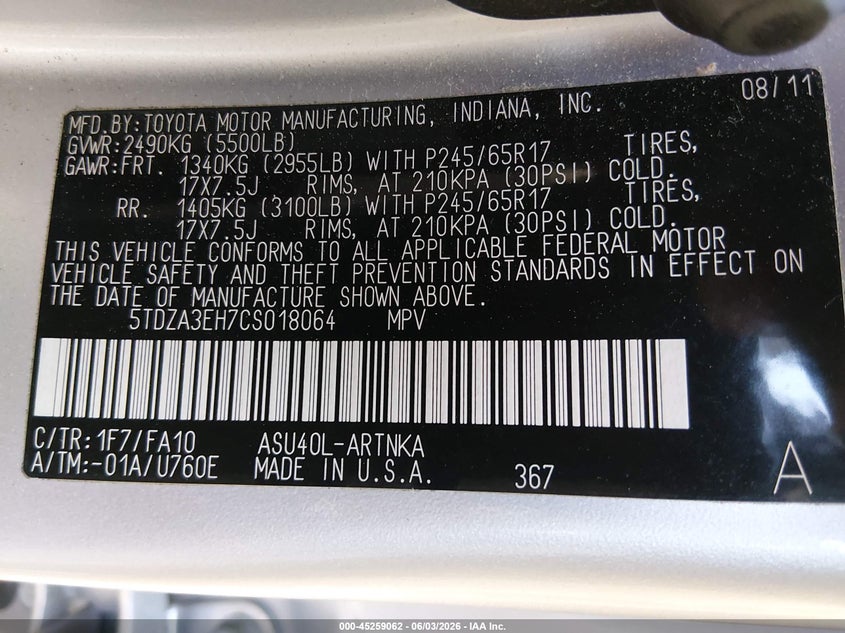 2012 Toyota Highlander VIN 5TDZA3EH7CS018064 IAAI salvage auction — REAR END, Salvage Title, sold $6,000 on 2026-07-07 (photo 9)
