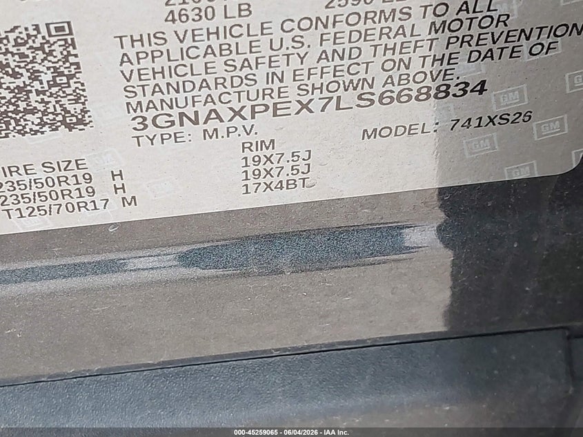 2020 Chevrolet Equinox VIN 3GNAXPEX7LS668834 IAAI salvage auction — FRONT END, Salvage Title, sold $800 on 2026-07-24 (photo 9)