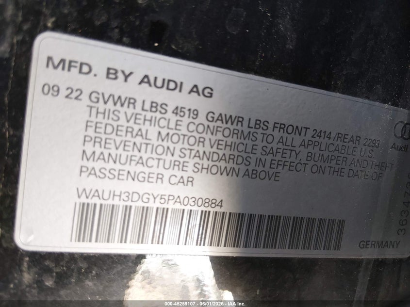 2023 Audi S3 VIN WAUH3DGY5PA030884 IAAI salvage auction — RIGHT FRONT, Original (Texas), sold $15,400 on 2026-07-29 (photo 9)