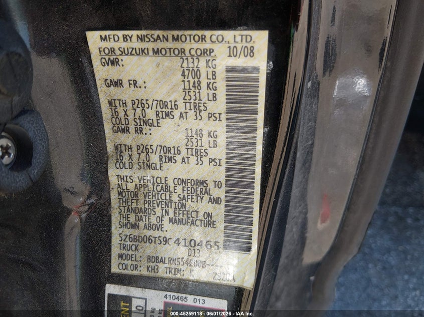 2009 Suzuki Equator VIN 5Z6BD06T59C410465 IAAI salvage auction — RIGHT FRONT, Salvage (Kansas), sold $175 on 2026-07-24 (photo 9)