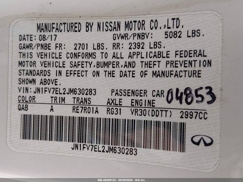 2018 Infiniti Q60 VIN JN1FV7EL2JM630283 IAAI salvage auction — NORMAL WEAR, Rebuilt-Non-Public (Washington), sold $7,550 on 2026-07-15 (photo 9)