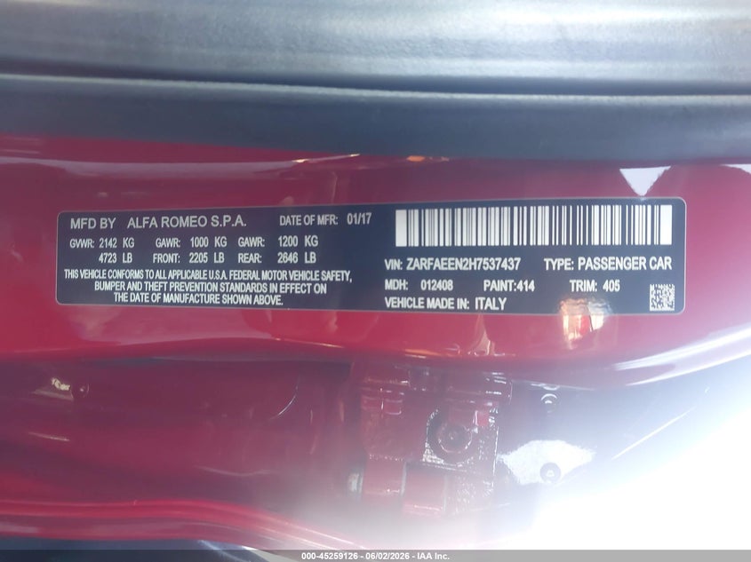 2017 Alfa romeo Giulia VIN ZARFAEEN2H7537437 IAAI salvage auction — RIGHT FRONT, Salvage Title, sold $2,500 on 2026-07-13 (photo 9)
