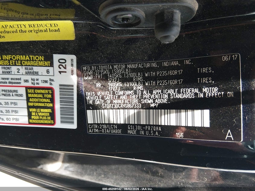 2017 Toyota Sienna VIN 5TDYZ3DCXHS867333 IAAI salvage auction — REAR END, Salvage Title, sold $6,200 on 2026-07-15 (photo 9)