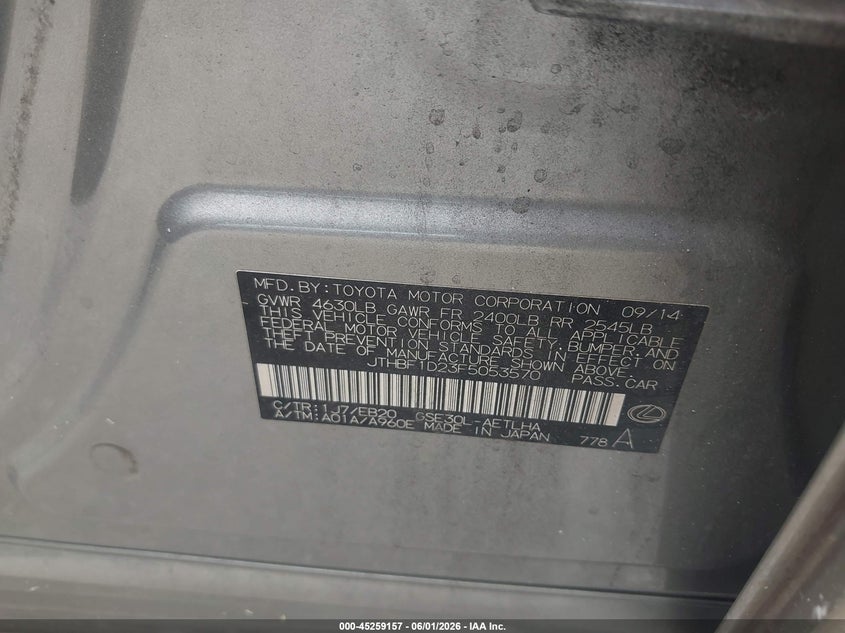 2015 Lexus VIN JTHBF1D23F5053570 IAAI salvage auction — SIDE, Salvage Title, sold $4,350 on 2026-07-09 (photo 9)