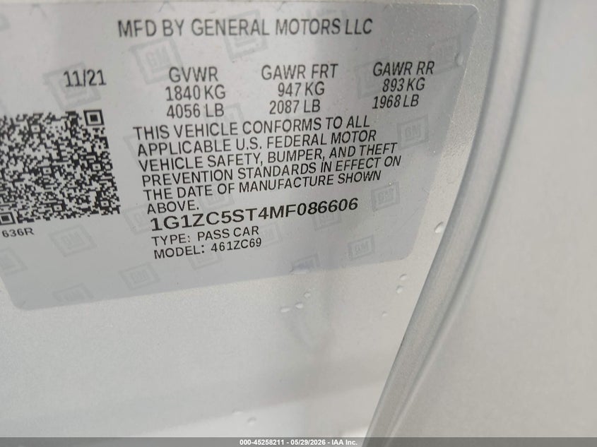 2021 Chevrolet Malibu VIN 1G1ZC5ST4MF086606 IAAI salvage auction — NORMAL WEAR, Sf97 (North Carolina), sold $12,650 on 2026-07-16 (photo 9)