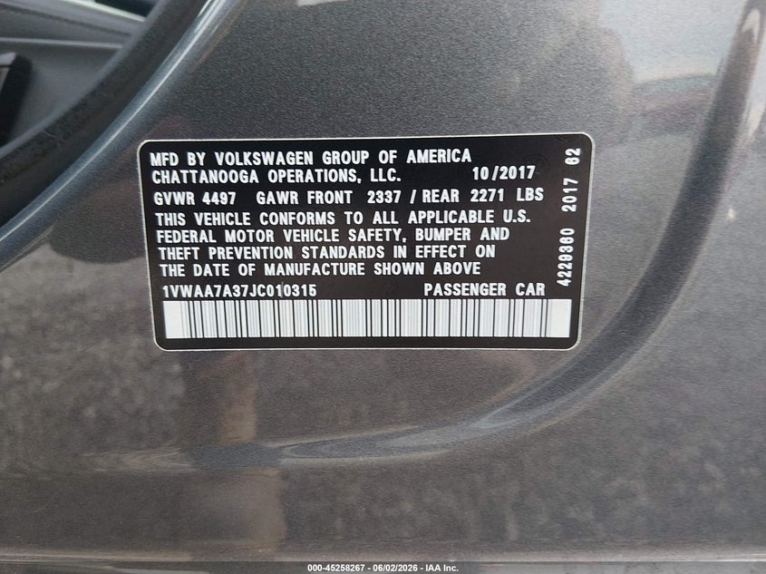2018 Volkswagen Passat VIN 1VWAA7A37JC010315 IAAI salvage auction — HAIL, Salvage (Missouri), sold $2,050 on 2026-07-09 (photo 9)