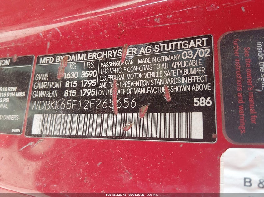 2002 Mercedes-benz Slk-class VIN WDBKK65F12F265656 IAAI salvage auction — FRONT END, Salvage (Mississippi), sold $225 on 2026-07-08 (photo 9)