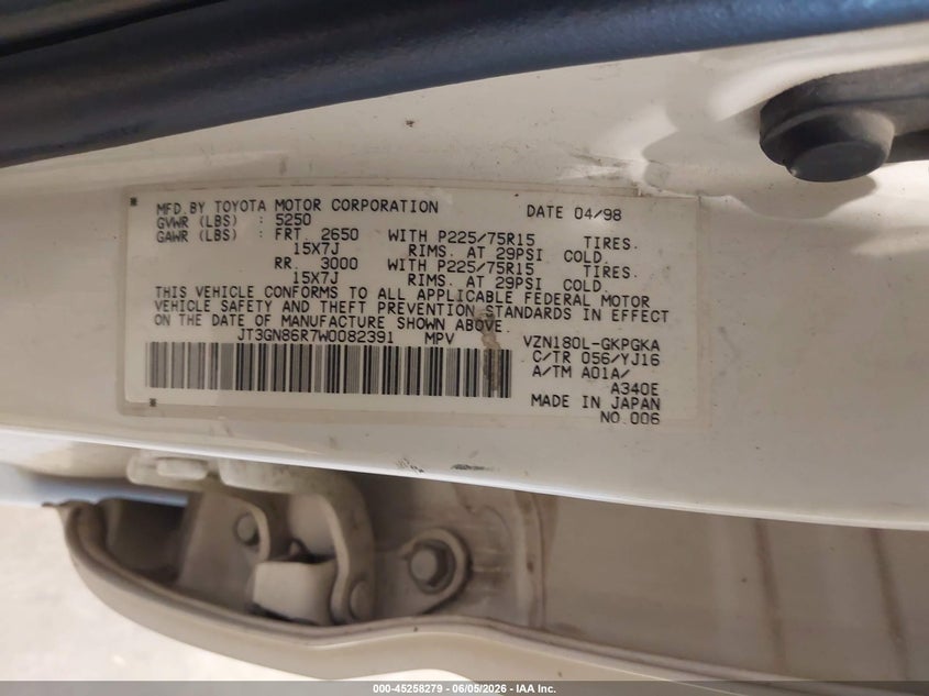 1998 Toyota 4runner VIN JT3GN86R7W0082391 IAAI salvage auction — FRONT & REAR, Salvage (Utah), sold $800 on 2026-07-27 (photo 9)