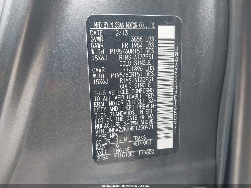 2014 Nissan Cube VIN JN8AZ2KR4ET350971 IAAI salvage auction — NORMAL WEAR, Salvage Title, sold $550 on 2026-07-09 (photo 9)