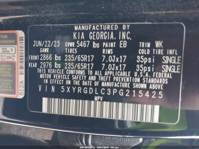 2023 Kia Sorento VIN 5XYRGDLC3PG215425 IAAI salvage auction — FRONT END, Salvage (Massachusetts), sold $5,700 on 2026-07-31 (photo 9)
