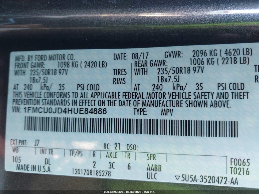 2017 Ford Escape VIN 1FMCU0JD4HUE84886 IAAI salvage auction — MECHANICAL, Clear (North Carolina), sold $525 on 2026-07-04 (photo 9)