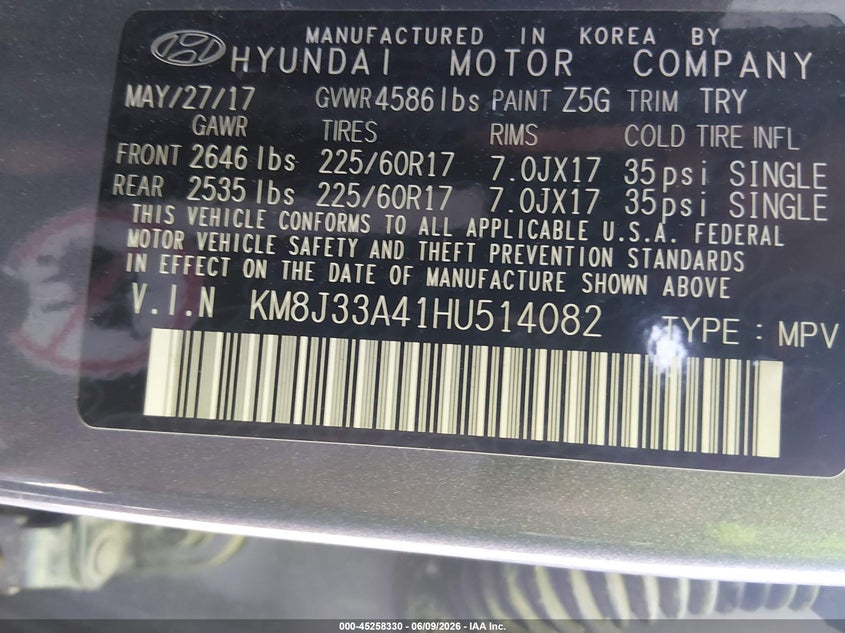 2017 Hyundai Tucson VIN KM8J33A41HU514082 IAAI salvage auction — FRONT END, Salvage (South Carolina), sold $2,600 on 2026-08-01 (photo 9)