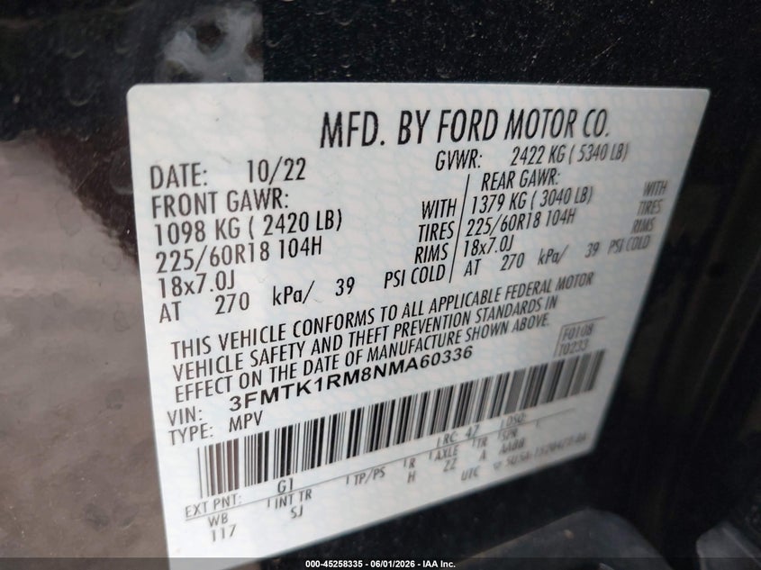 2022 Ford Mustang mach-e VIN 3FMTK1RM8NMA60336 IAAI salvage auction — FRONT END, Salvage Title, sold $8,800 on 2026-07-16 (photo 9)