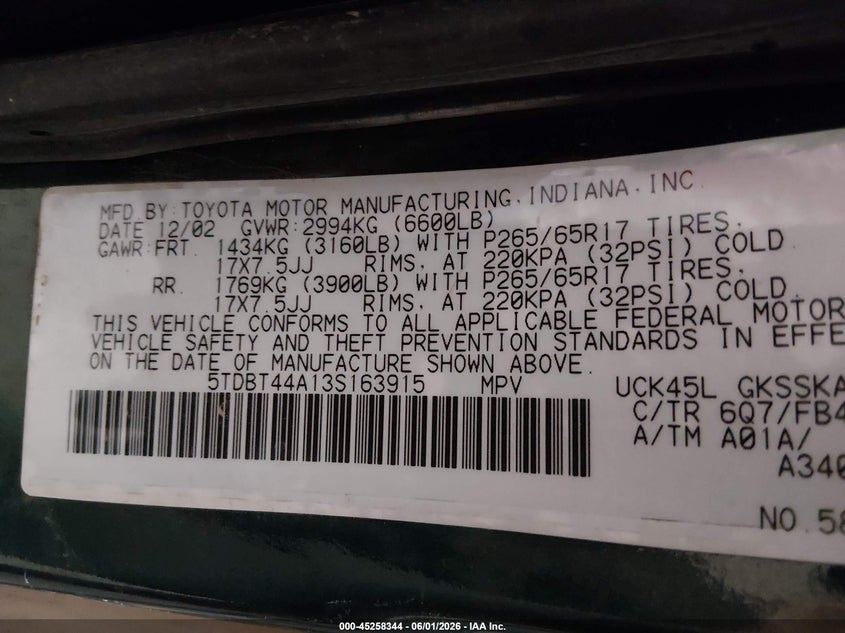 2003 Toyota Sequoia VIN 5TDBT44A13S163915 IAAI salvage auction — NORMAL WEAR, Clear (Colorado), sold $450 on 2026-07-15 (photo 9)