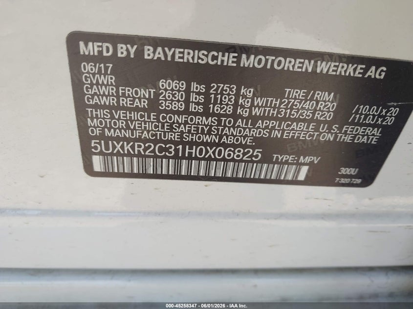 2017 BMW X5 VIN 5UXKR2C31H0X06825 IAAI salvage auction — FRONT END, Salvage Title, sold $4,600 on 2026-07-23 (photo 9)